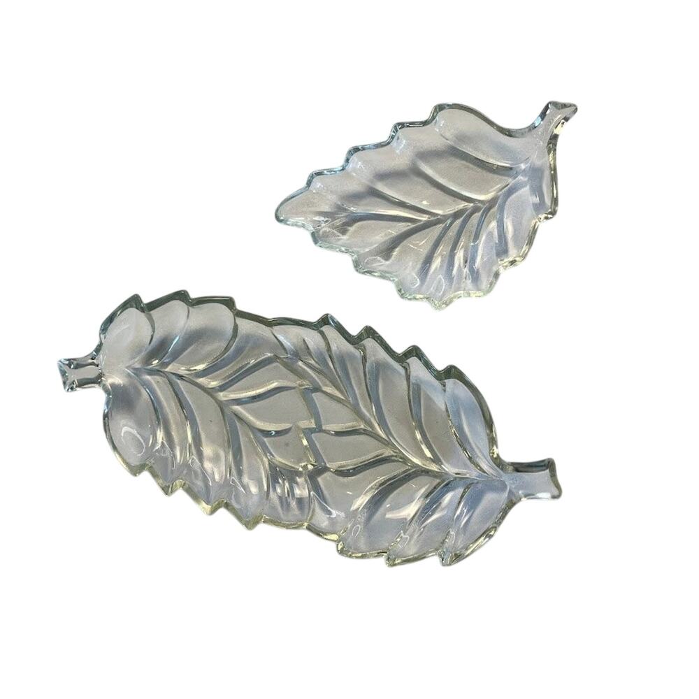 Leaf Shaped Glass Dishes Vintage Clear Candy Nut Trinket Serving Plates Set of 2